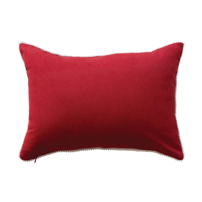 Hello Honey® 20" x 14" Red, Natural & Green Cotton Slub Lumbar Pillow with Embroidered Trees & Pom Pom Trim