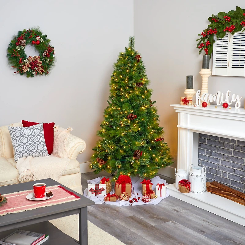 6ft. Pre-Lit Montana Mixed Pine, Pinecones & Berries Artificial Christmas Tree with Clear LED Lights