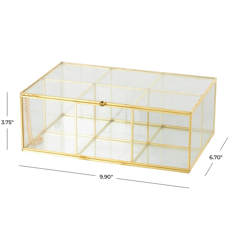 10" x 7" x 4" Clear & Gold 6-Slot Glass & Metal Jewelry Box with Chain Accent