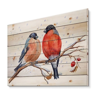 Designart - Two Bullfinches On A Hawthorn Branch with Snowfall