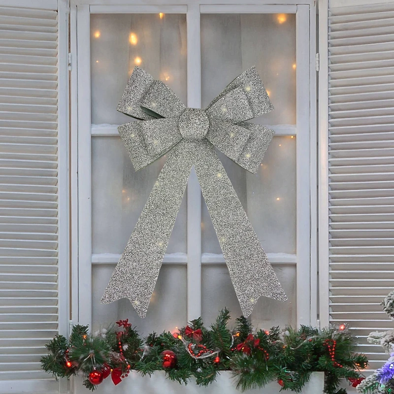 24" LED Lighted Silver Tinsel Bow Christmas Decoration