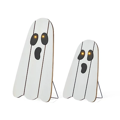 Glitzhome® 24"H Halloween Lighted Wooden White Ghost Porch Decor with Timer Set
