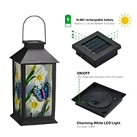 Glitzhome® 11" Glass with Butterfly & Flower Pattern Solar Powered Hanging Lantern