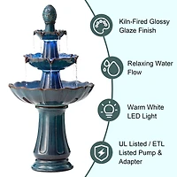 Glitzhome® 45" 3-Tier LED Turquoise Pedestal Lotus Ceramic Outdoor Floor Fountain