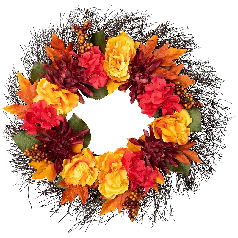 24" Autumn Harvest Peony, Mum & Feather Thanksgiving Wreath, Unlit