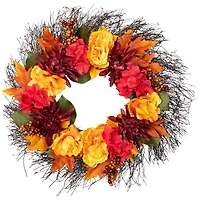 24" Autumn Harvest Peony, Mum & Feather Thanksgiving Wreath, Unlit