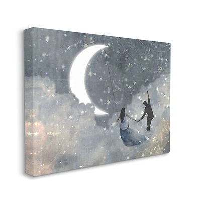 Stupell Industries Grey and Blue Celestial Love Sky Swinging by the Crescent Moon and Stars Canvas Wall Art