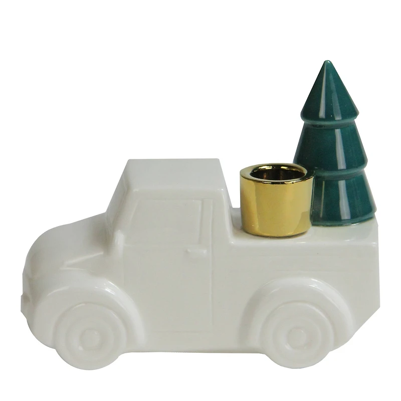 5" White Ceramic Truck with Christmas Tree Taper Candlestick Holder