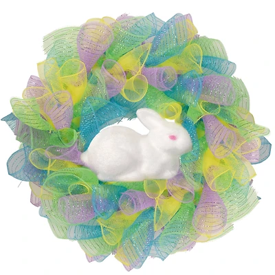 Colorful Deco Mesh Ribbon Easter Bunny Wreath 24" unlit