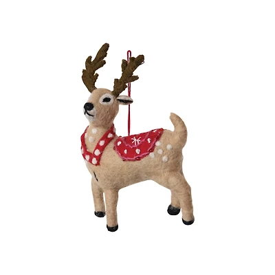 Hello Honey® 6.5" Handmade Wool Felt Reindeer Ornament with Embroidery on a Wool String