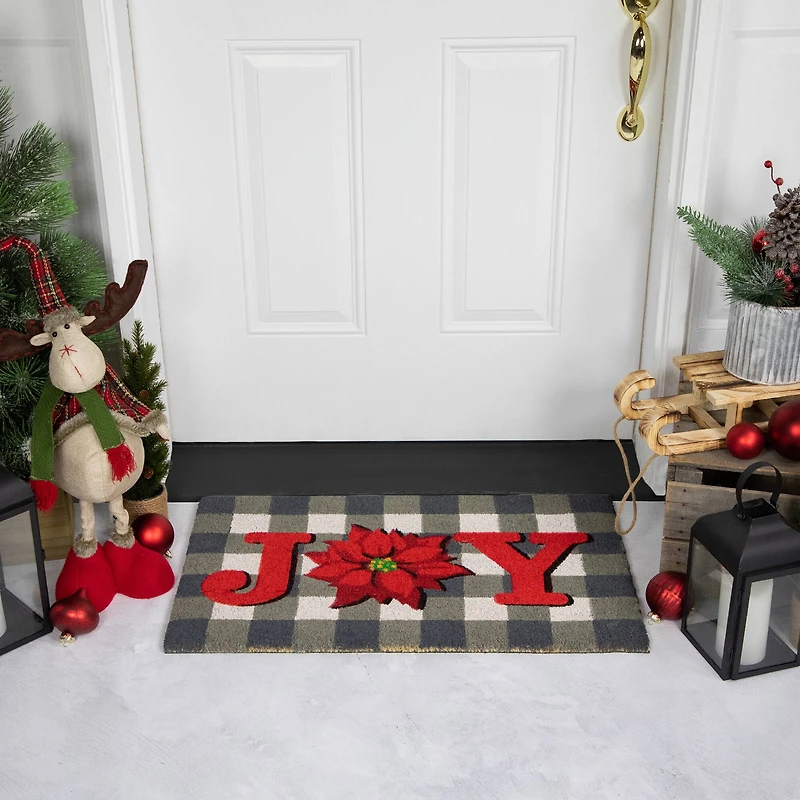 Gray and Red Poinsettia "Joy" Christmas Natural Coir Outdoor Doormat 18" x 30"