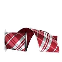 JAM Paper 4" x 10yd. Dupioni Wired Edge Diagonal Sterling Plaid Ribbon