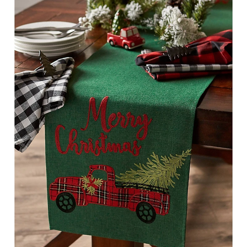 DII® 70" Green Merry Christmas Truck Embroidered Table Runner