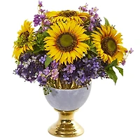 16" Sunflower & Lilac Arrangement in Stoneware Urn with Gold Trimming