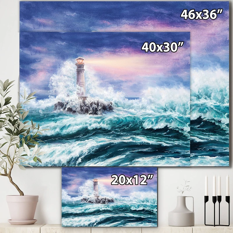 Designart - Lighthouse Wild Blue Ocean Waves