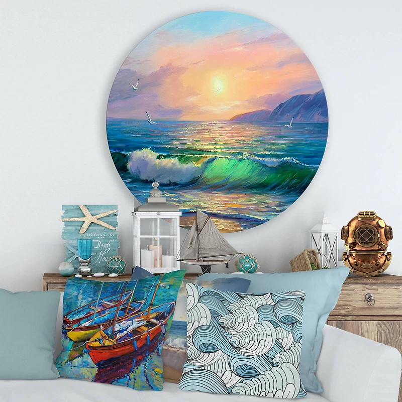 Designart - Blue Waves Breaking At The Beach V