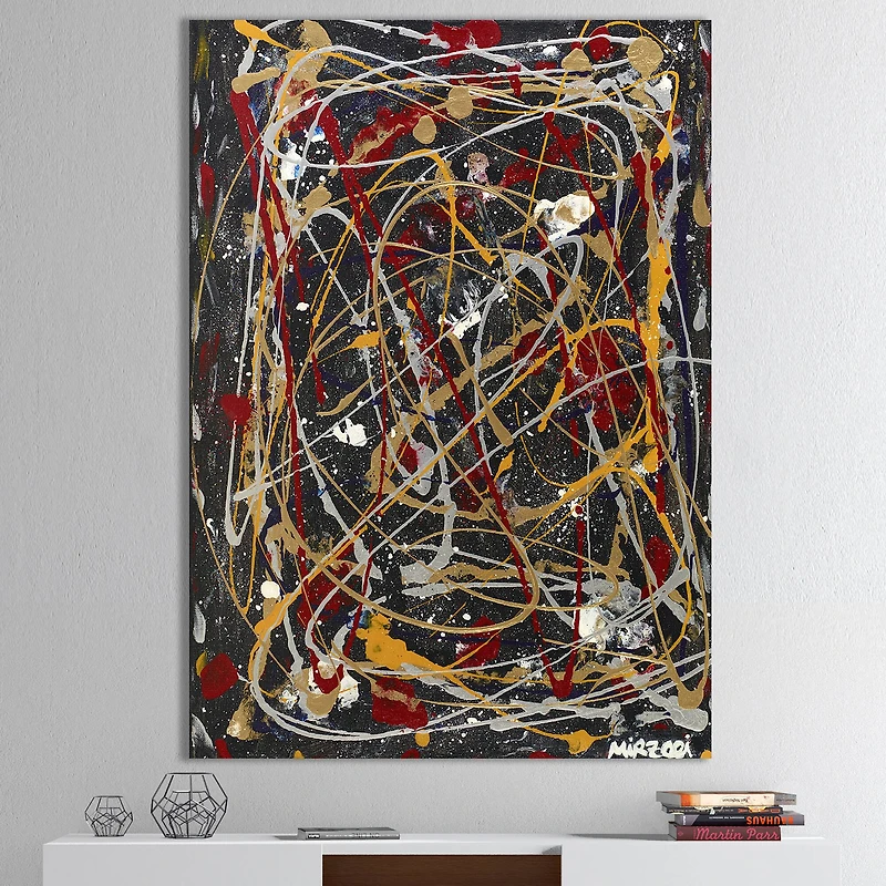 Designart - Red, Yellow and Black Pollock Style I
