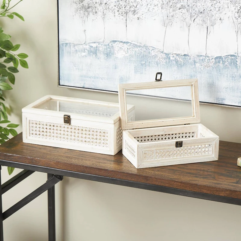 Cream Metal Handmade Woven Storage Box with Bronze Latches & Tempered Glass Tops Set