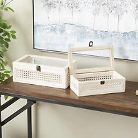 Cream Metal Handmade Woven Storage Box with Bronze Latches & Tempered Glass Tops Set