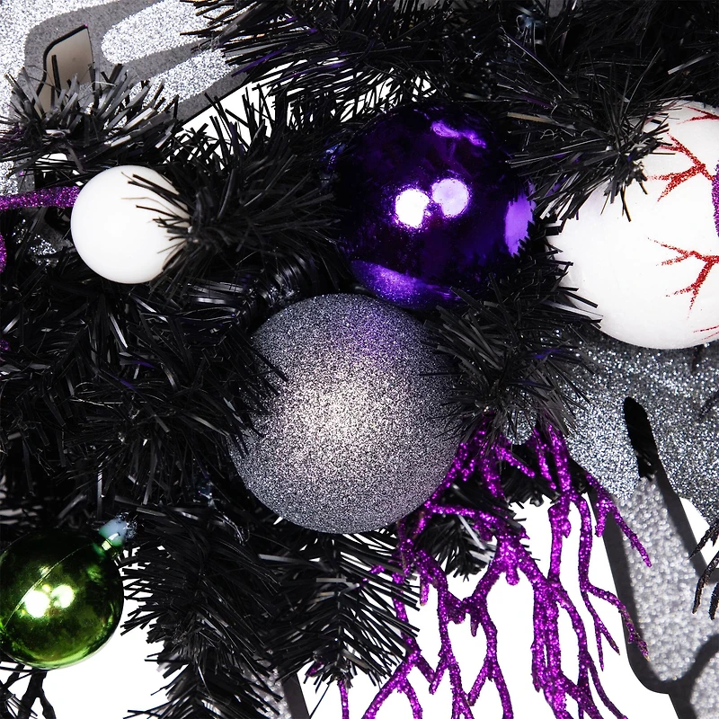 24'' Unlit Purple and Black Spooky Skeleton Pine Halloween Wreath