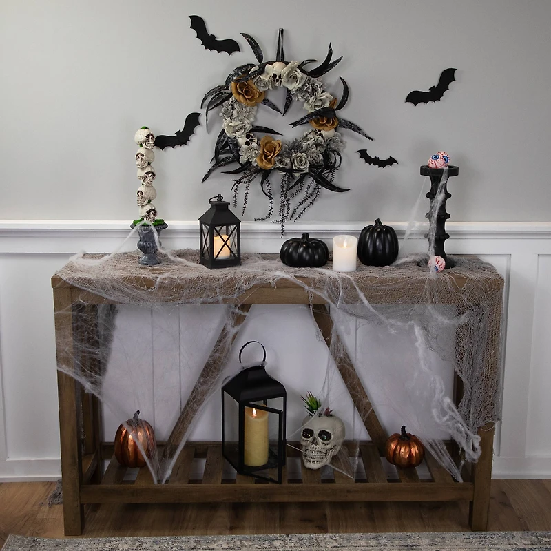 14" Unlit Skulls with Orange & Gray Roses Halloween Wreath