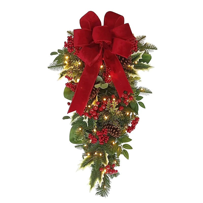 28" Battery-Operated Pre-Lit Decorated Artificial Swag with Red Bow