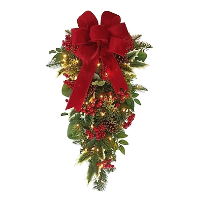 28" Battery-Operated Pre-Lit Decorated Artificial Swag with Red Bow