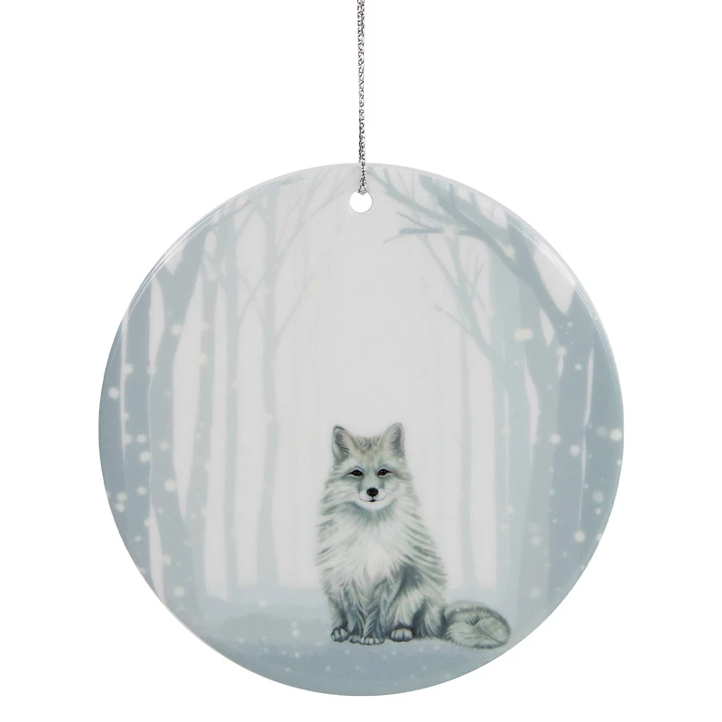 White & Silver Porcelain Arctic Fox Disc Ornament