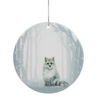 White & Silver Porcelain Arctic Fox Disc Ornament