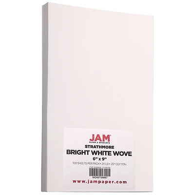 JAM Paper Bright White Wove 6" x 9" 24lb. Strathmore Paper, 100 Sheets