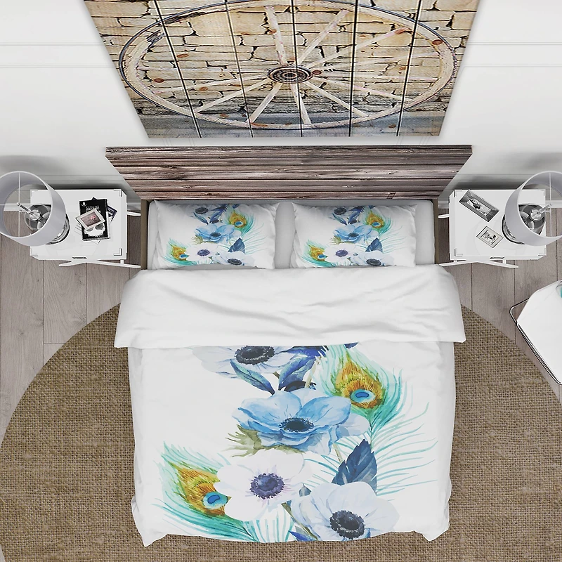 Designart 'Anemones And Peacock Feathers' Floral Bedding Set