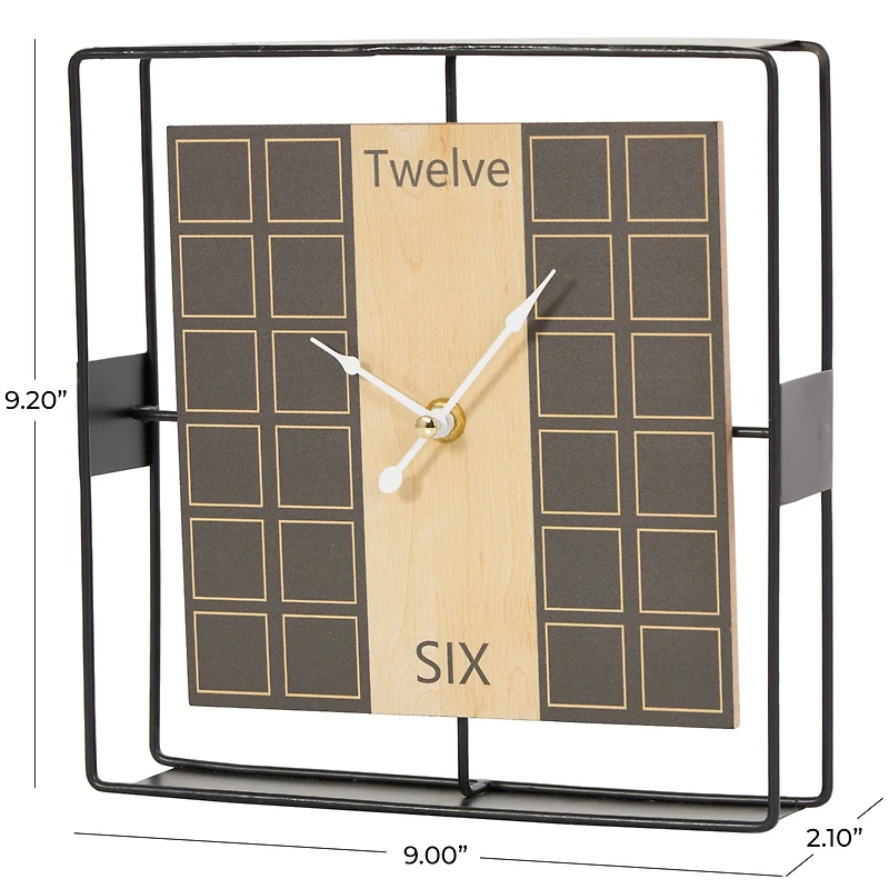9" Black Geometric Open Frame Square Clock with Grid Pattern