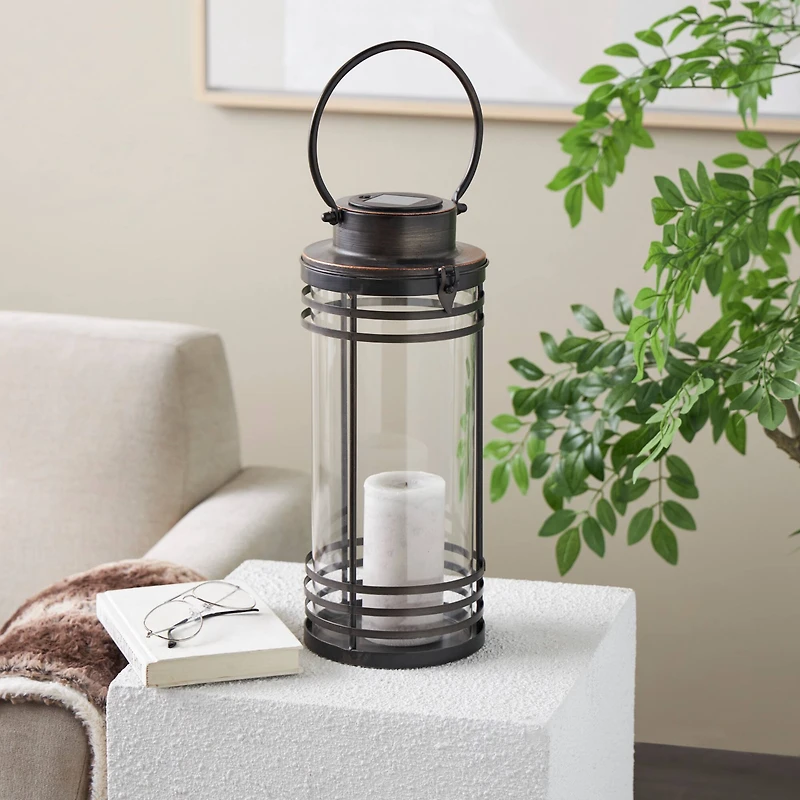 17" Black Metal Candle Lantern with Round Outlines