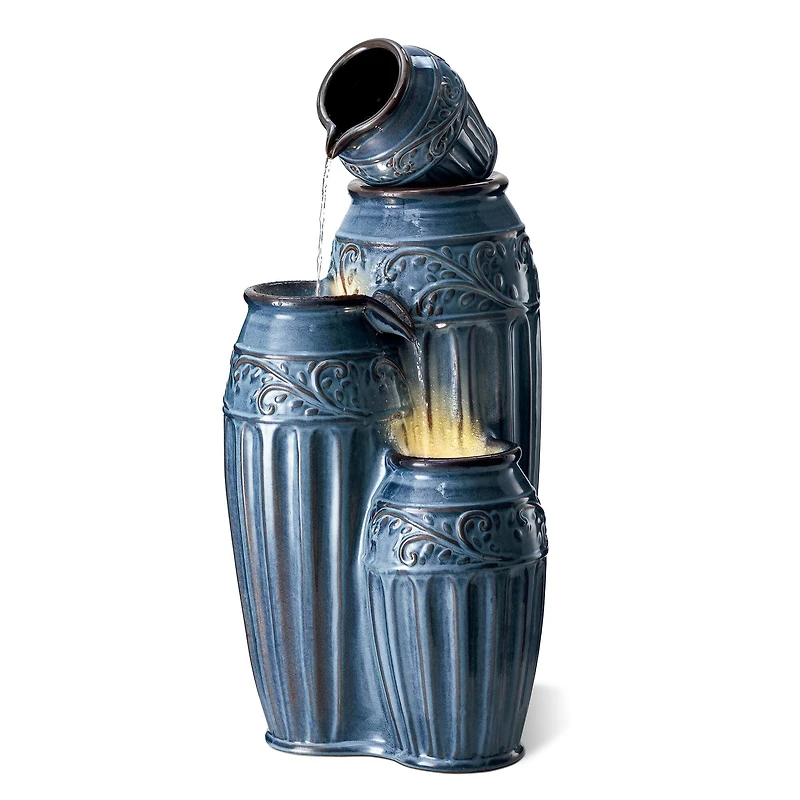 Glitzhome® 35.5" 4-Tier LED Turquoise Embossed Ceramic Pots Outdoor Floor Fountain