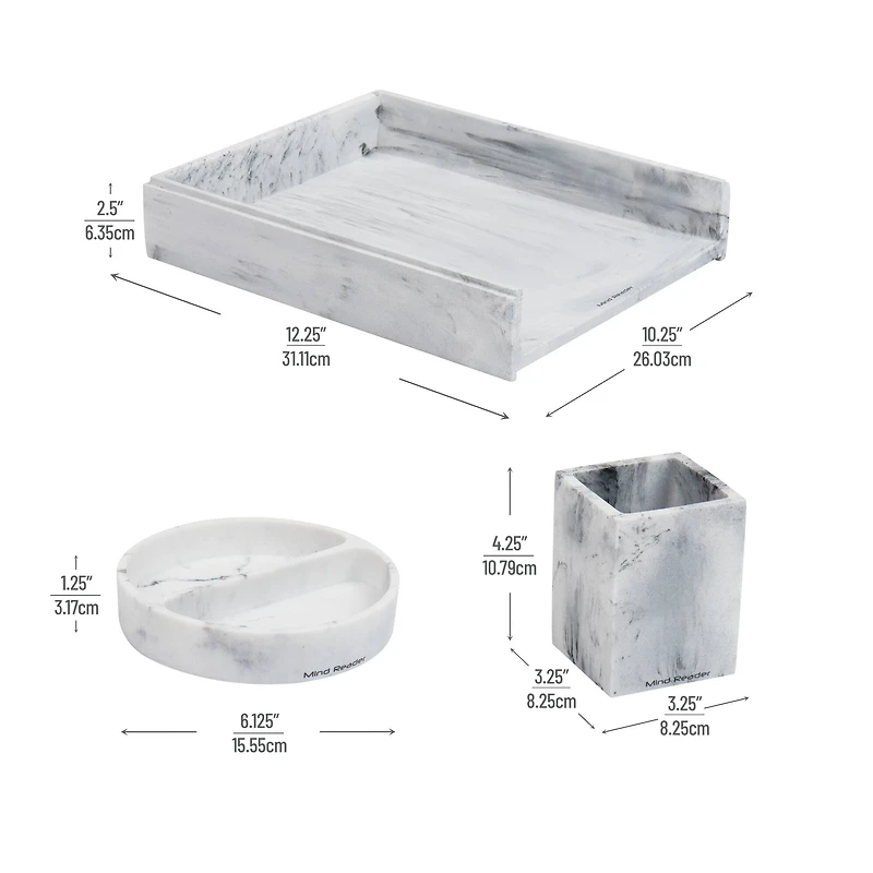 Mind Reader Marbella Collection White Pen Cup, Catch-All Dish & Paper Tray Office Set