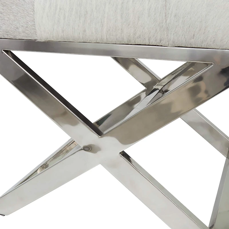 19" Light Gray Leather Geometric Tufted Stool with Metal Base