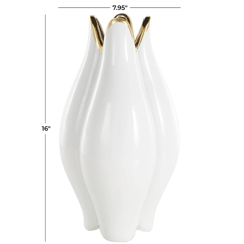 White Ceramic Dimensional Tulip Shaped Vase with Metallic Gold Rim