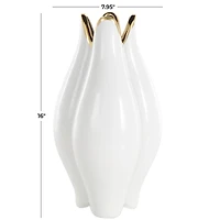 White Ceramic Dimensional Tulip Shaped Vase with Metallic Gold Rim