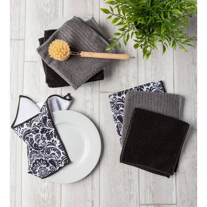 DII® Black Microfiber Damask Dishcloth Set