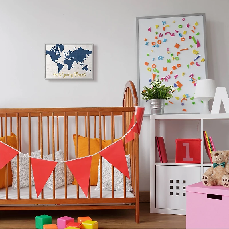 Stupell Industries He's Going Places Blue World Map Wall Accent with Gray Frame