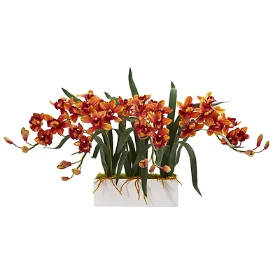 15" Red Boat Orchid Arrangement in White Vase