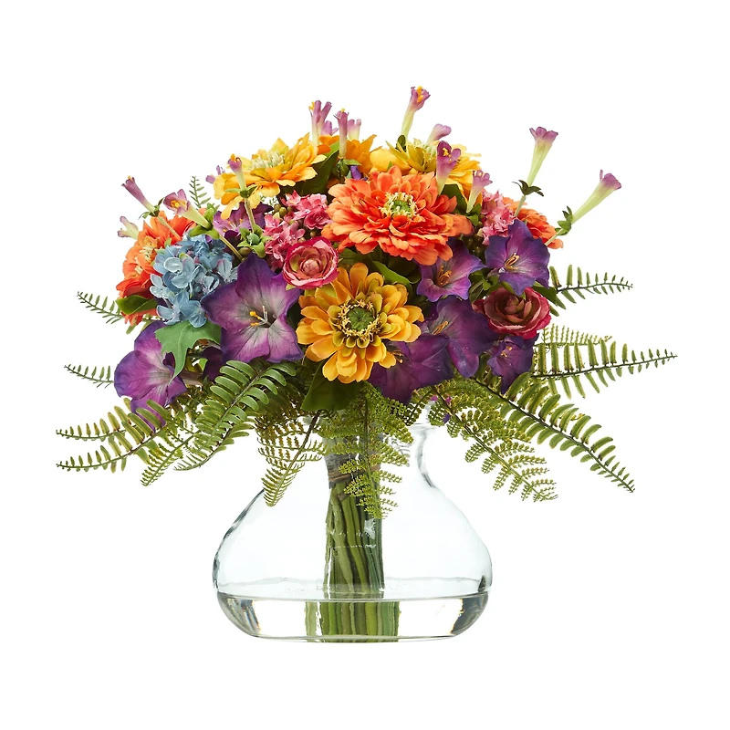 11" Mixed Flowers Artificial Arrangement in Glass Vase