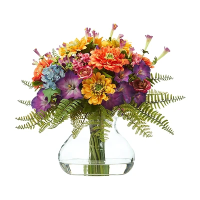 11" Mixed Flowers Artificial Arrangement in Glass Vase