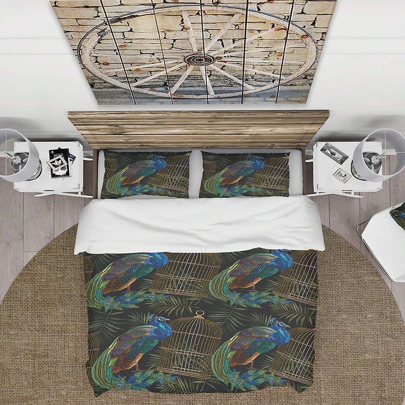 Designart 'Tails of Peacocks and Birds Cage' Farmhouse Bedding Set