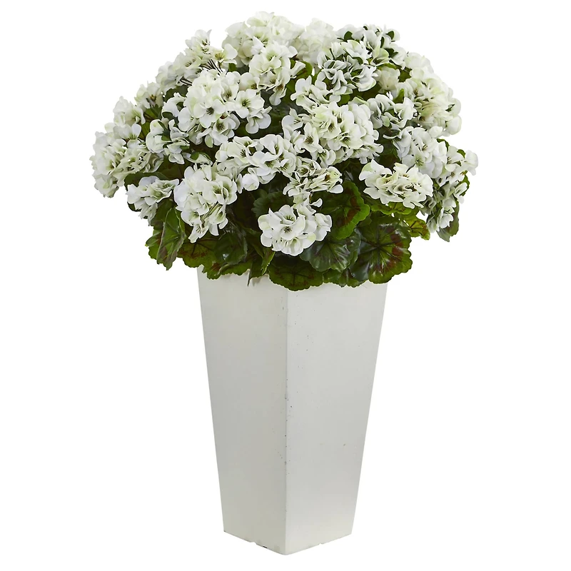 27" White UV Resistant Geranium Arrangement in White Planter