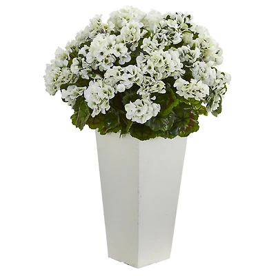 27" White UV Resistant Geranium Arrangement in White Planter
