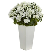 27" White UV Resistant Geranium Arrangement in White Planter