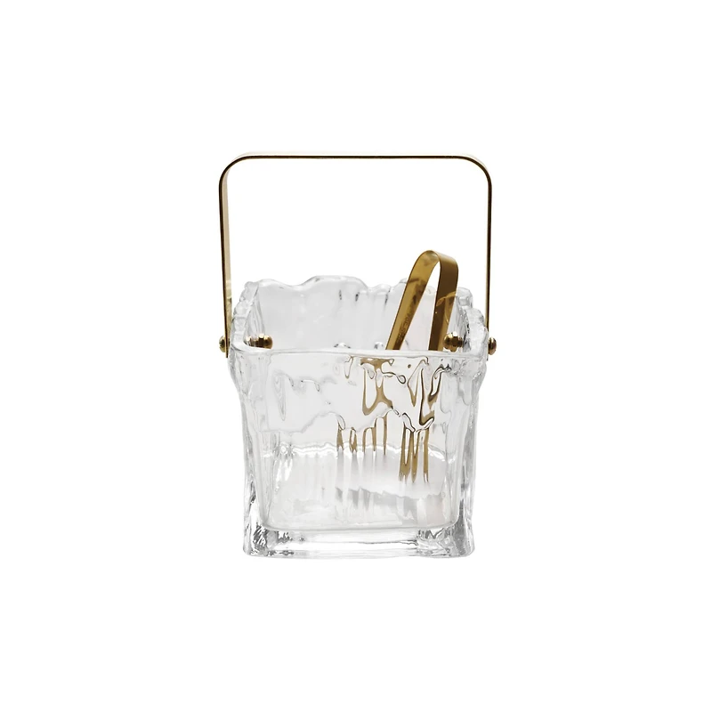 Hello Honey 24-Ounce Textured Glass Ice Bucket with Gold Finish Handle and Tongs, Clear/Gold