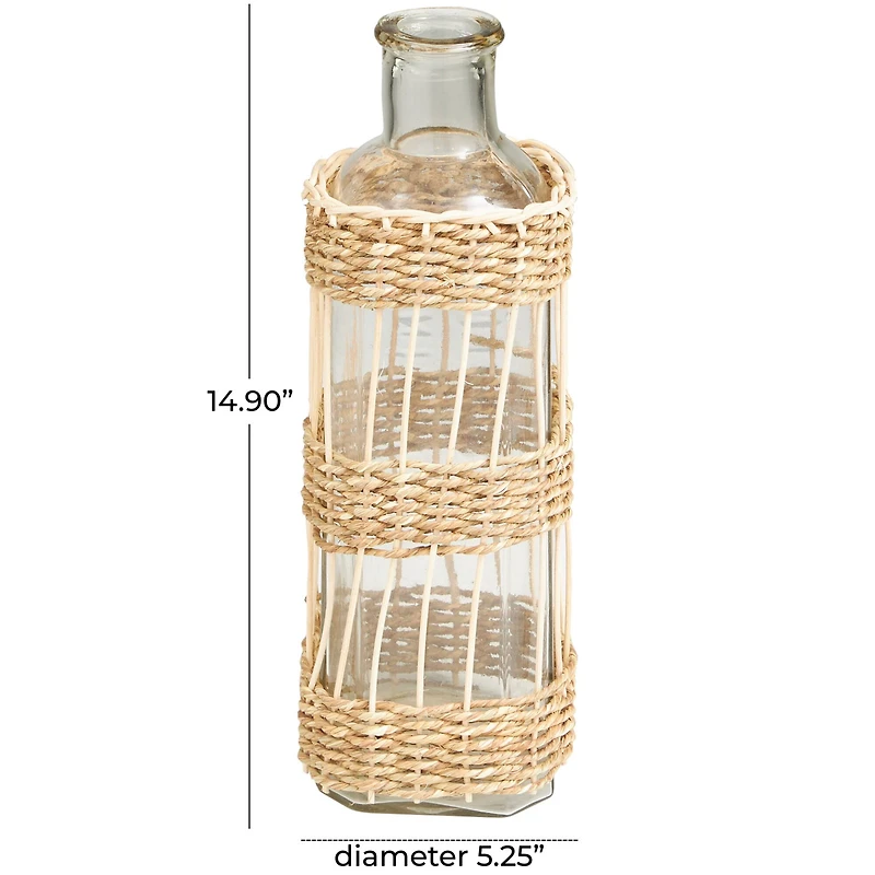 15" Clear Glass Handmade Vase with Light Brown Rattan Woven Body