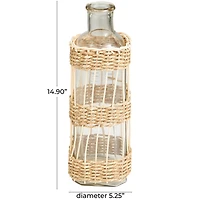 15" Clear Glass Handmade Vase with Light Brown Rattan Woven Body